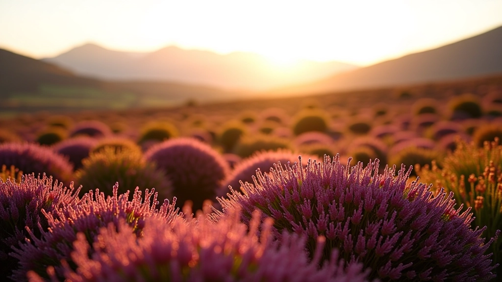 Autumn moorland with purple heather blooms, golden late-afternoon light casting long shadows, distant mountains, peaceful landscape