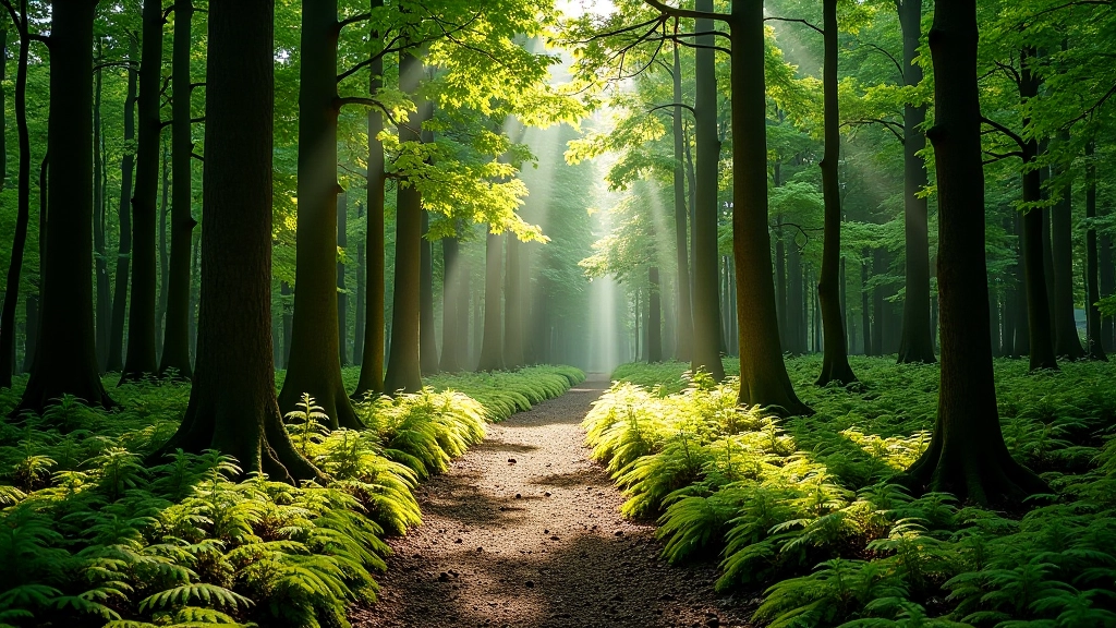 Forest trail winding through green woodland, dappled sunlight filtering through leaves, peaceful walking path