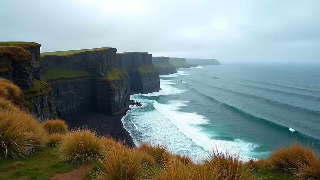 Dramatic coastal cliffs overlooking sea, rugged Irish coastline, peaceful ocean views