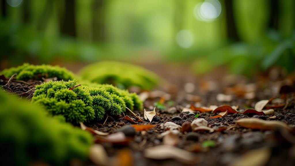 Close-up of forest floor with moss, fallen leaves, and natural textures in soft woodland light