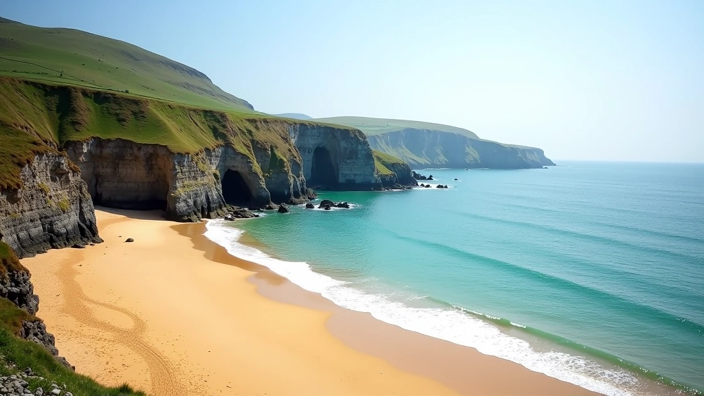 Golden sand beach cove with rocky cliffs surrounding turquoise water, peaceful Irish coastal landscape, afternoon light