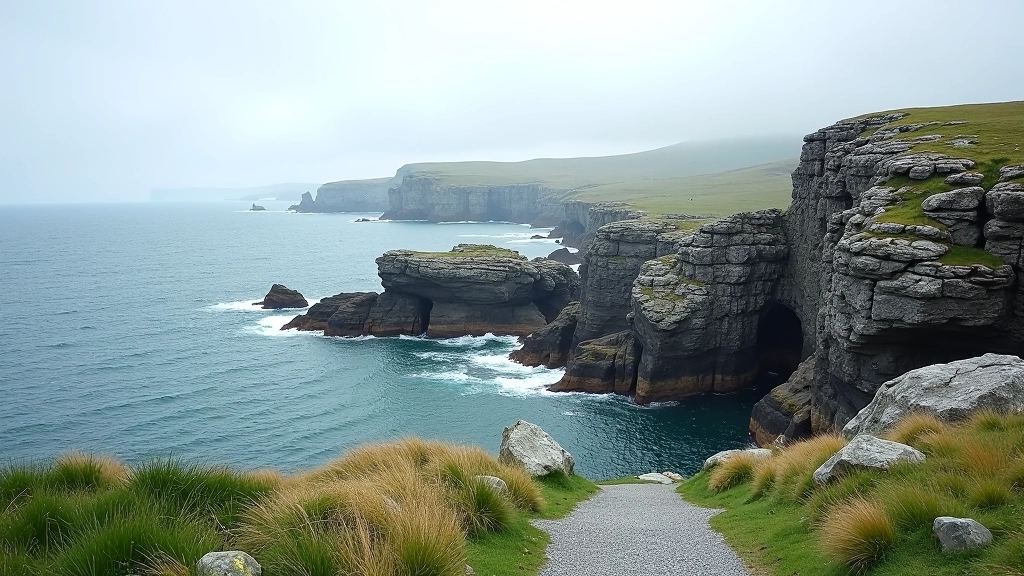 Limestone coastal formations meeting Atlantic waves, Burren landscape meeting sea, Irish coastline with unique geological features
