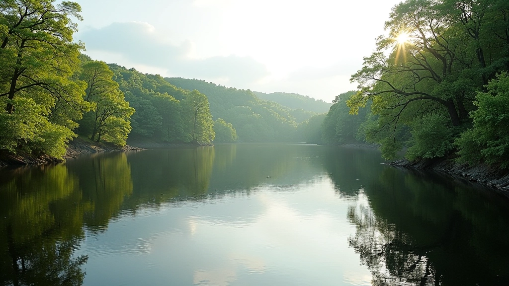 Lake surrounded by native Irish woodland, afternoon light filtering through trees, water reflecting sky and forest, natural tranquil environment