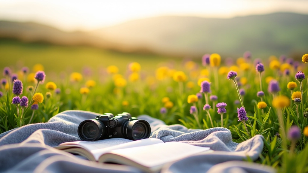 Wildflower meadow with bird watching binoculars