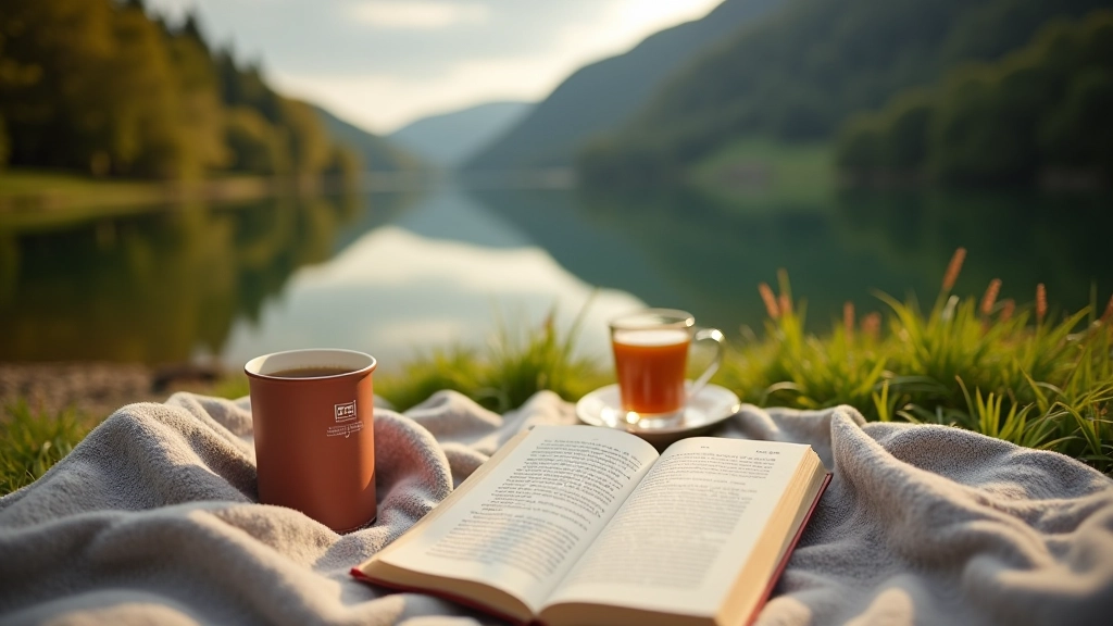 Overhead view of picnic setup by lake shore, blanket spread on ground, thermos and book visible, peaceful afternoon light