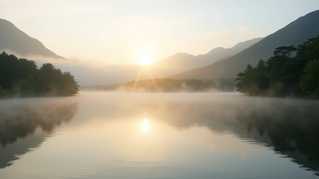 Serene lakeside view with mist rising from water at sunrise, green hills reflected in calm water, peaceful morning atmosphere in Irish countryside