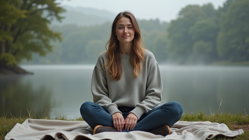 Person sitting peacefully by a still lake, wrapped in a cozy blanket, holding a warm drink, misty morning light filtering through trees