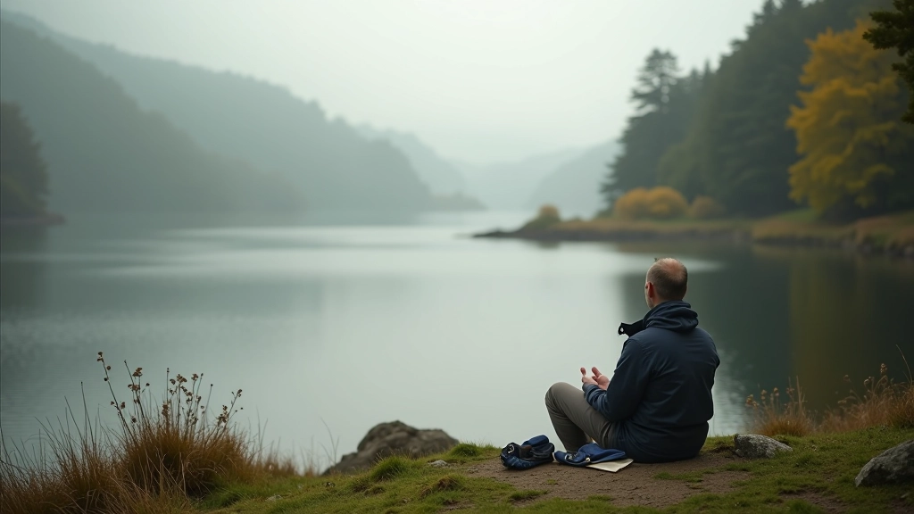 Person sitting peacefully by a calm Irish lake, surrounded by trees, morning mist over water