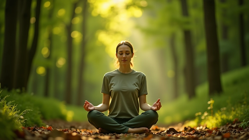 Woman practising mindfulness meditation in a forest clearing