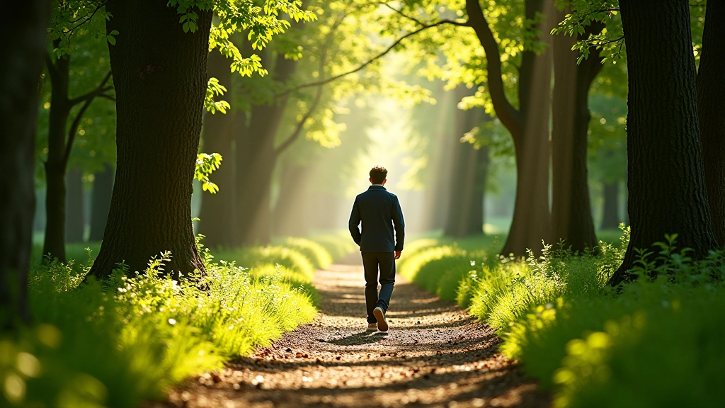 Person walking on a woodland trail surrounded by mature trees with natural dappled sunlight, peaceful forest atmosphere