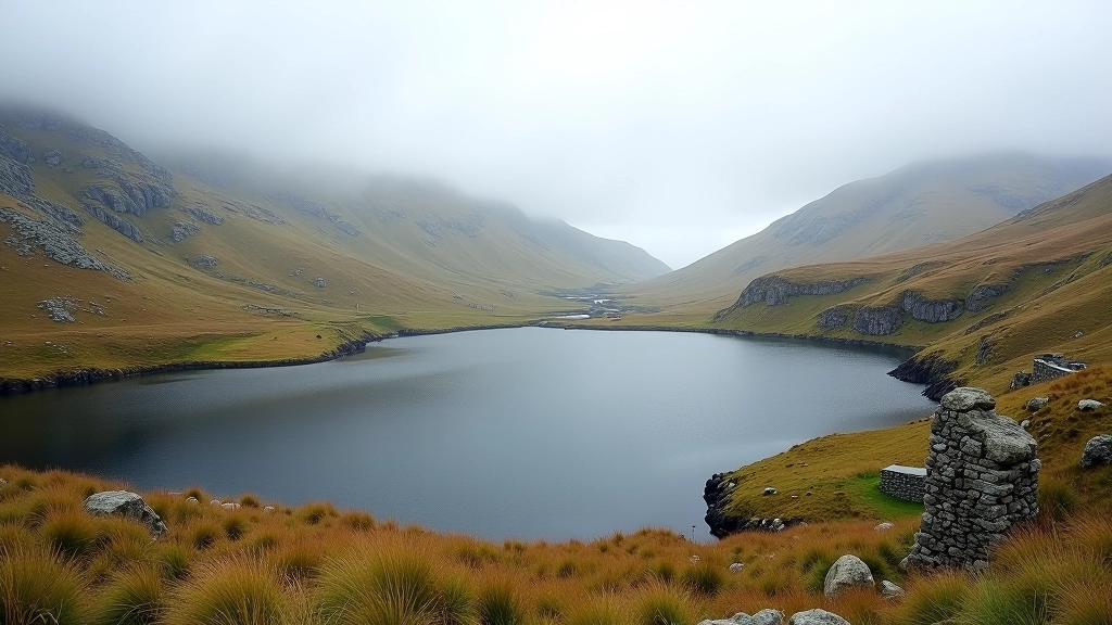 Mountain lake surrounded by rocky moorland, ancient stone ruins visible on hillside, misty valley atmosphere, dramatic Irish landscape