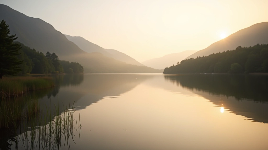 Peaceful Irish lakeside forest retreat with calm water and mountains