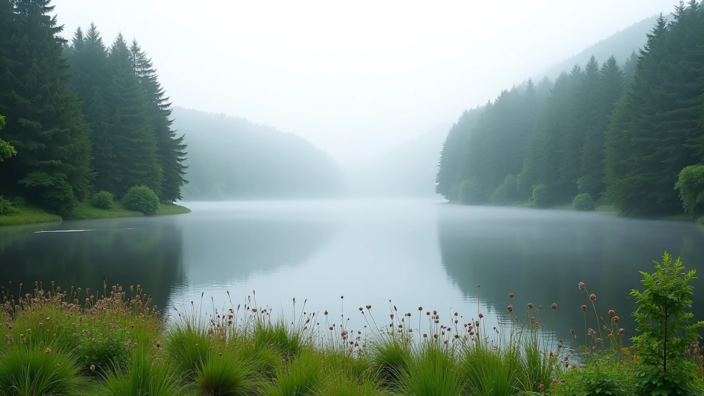 Serene lake nestled between evergreen trees, early morning mist rising from water, wildflowers in foreground, peaceful forest setting