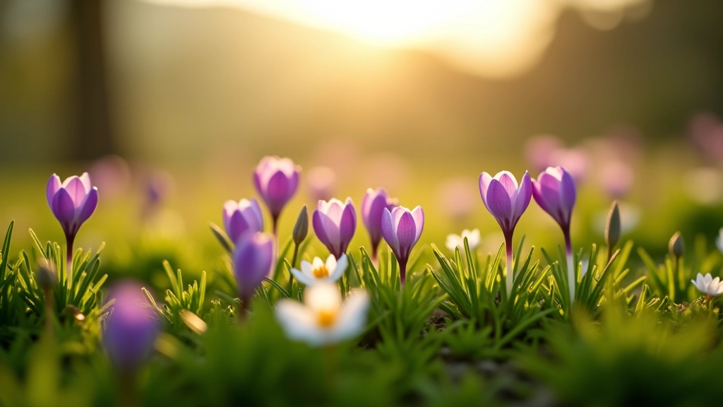 Spring wildflower meadow with purple crocuses and white wood anemones dotting green grass, morning mist clearing from valley, warm sunlight