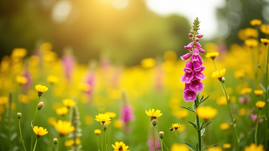 Summer meadow overflowing with pink foxgloves and yellow buttercups, warm afternoon light, bees visiting flowers, lush vegetation