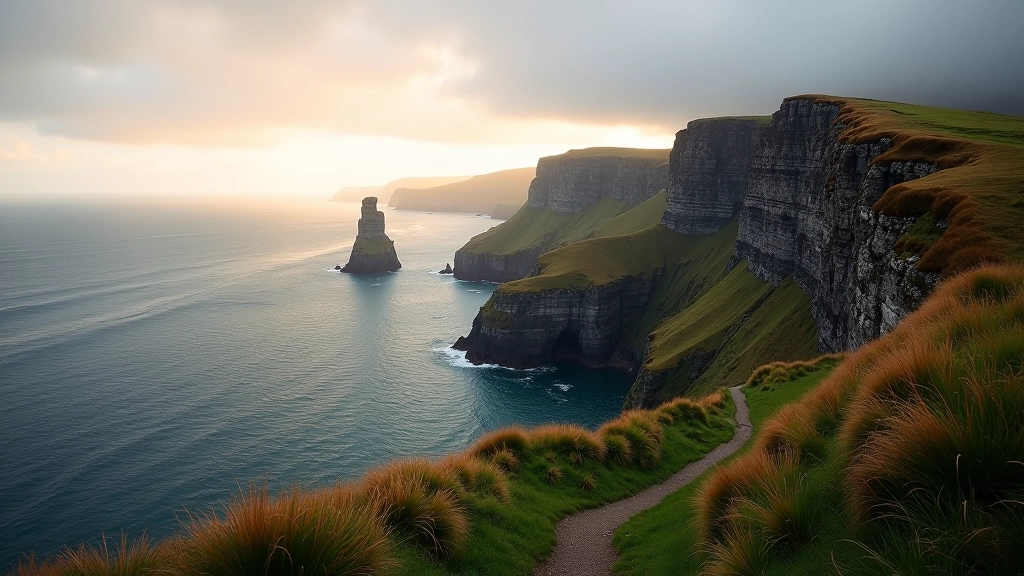 Dramatic tall sea cliffs with coastal path, Donegal coastline, Atlantic Ocean waves, golden hour lighting