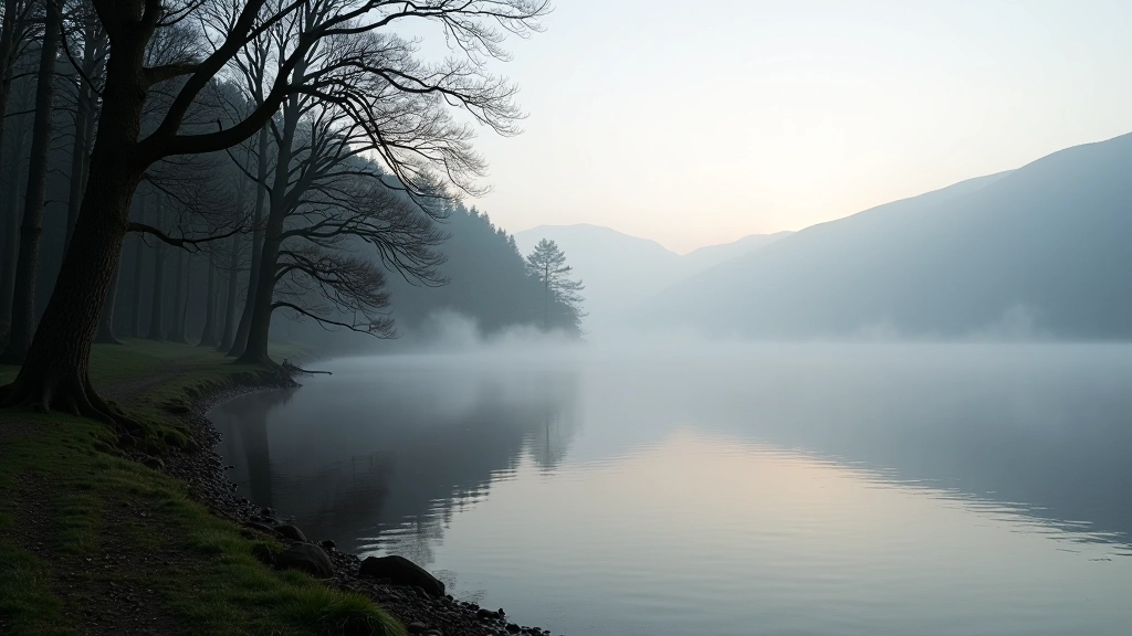 Peaceful lakeside with morning mist among Irish countryside