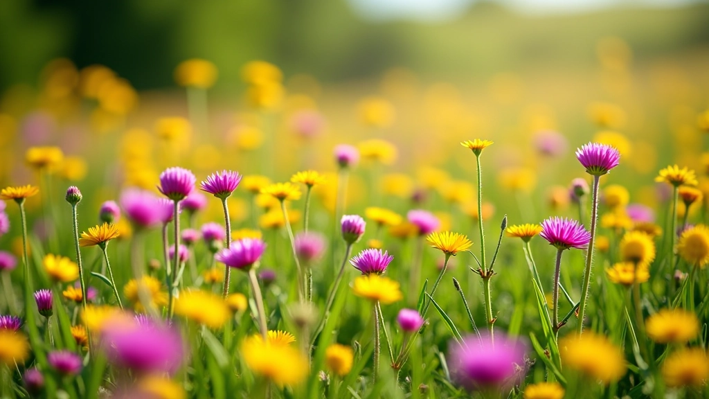 Colorful wildflower meadow in bloom, natural grassland with native flowers, vibrant spring landscape