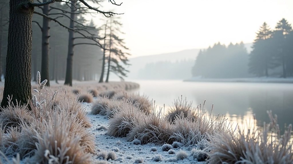 Winter landscape with frost-covered grass and evergreen plants, pale morning light, quiet forest edge, serene peaceful setting